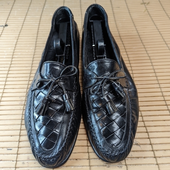 Johnston & Murphy Black Leather Woven Vamp Tassel Loafers Sz 11N Made In Italy main image 4